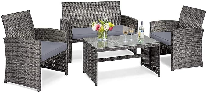 Tangkula 4 Pieces Patio Wicker Conversation Furniture Set, Patiojoy Sofa & Table Set w/4 Seats, Outdoor Rattan Sofa Set for Balcony Backyard, Wicker Chair Set with Tempered Glass Coffee Table