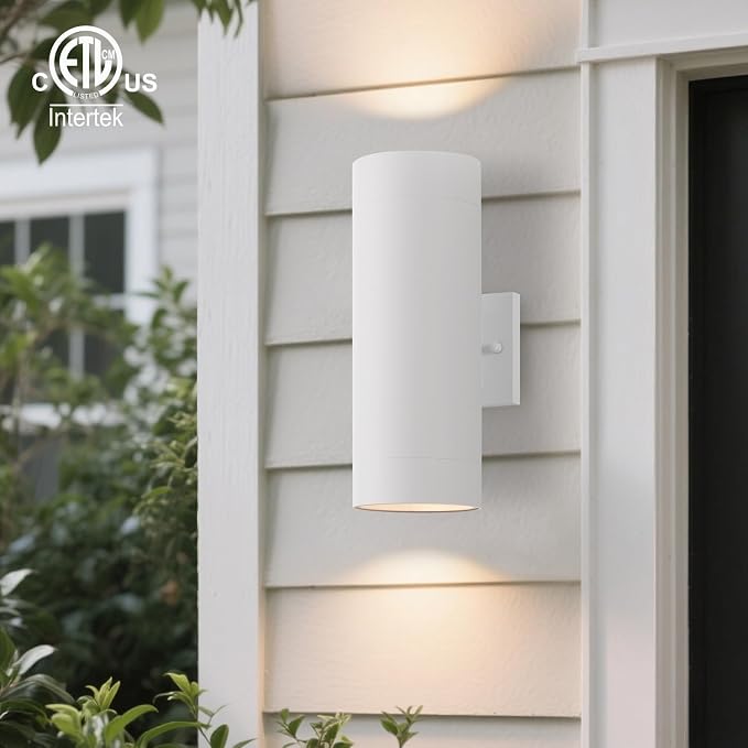 mirrea 14" Modern Outdoor Porch Light in 2 Lights, Matte White, 2 Pack | Aluminum cylinder exterior fixtures, tempered glass cover, waterproof wall sconce & patio light for outdoor use.