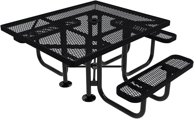 COATEDOUTDOORFURNITURE Heavy-Duty Portable ADA-Compliant Outdoor Picnic Table with Umbrella Hole, Expanded Metal Patio Dining Furniture Made in America (46" Square Top, Black)