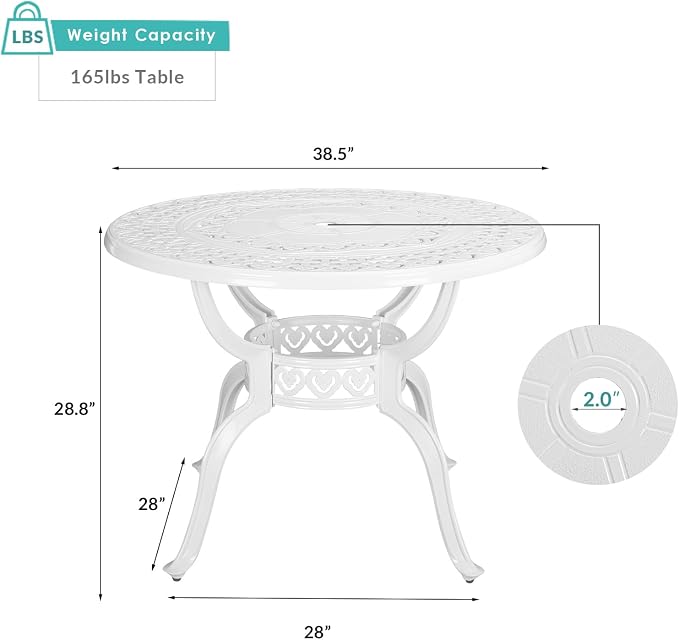 MEETWARM 38.5" Round Patio Dinning Table, Outdoor Cast Aluminum Dinning Table with 2" Umbrella Hole, White