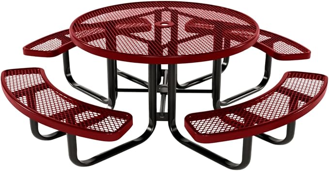 COATEDOUTDOORFURNITURE Heavy-Duty Portable Outdoor Kids Table with Umbrella Hole, Expanded Metal Kids Picnic Table, Commercial-Grade, Made in America (46 in, Round, Childrens, Textured Burgundy)