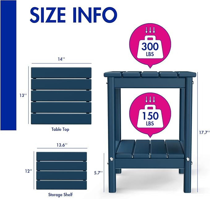 BRIOPAWS Outdoor-Side-Tables | Set of 2 | Small | HDPE Plastic | Patio End-Table | 2-Shelf Adirondack Outside Tables | All Weather | for Poolside Front Porch Indoor Living Room | 14" x 13" | Blue