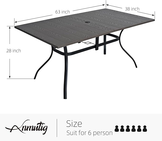 63" Wood-like Embossing Rectangle Outdoor Patio Dining Table for 6 Person | 63" x 38" x 28" Rectangle, Metal Wood-like Embossing Table Top, 1.57"-1.9" Adjustable Umbrella Hole, 6 Person Use
