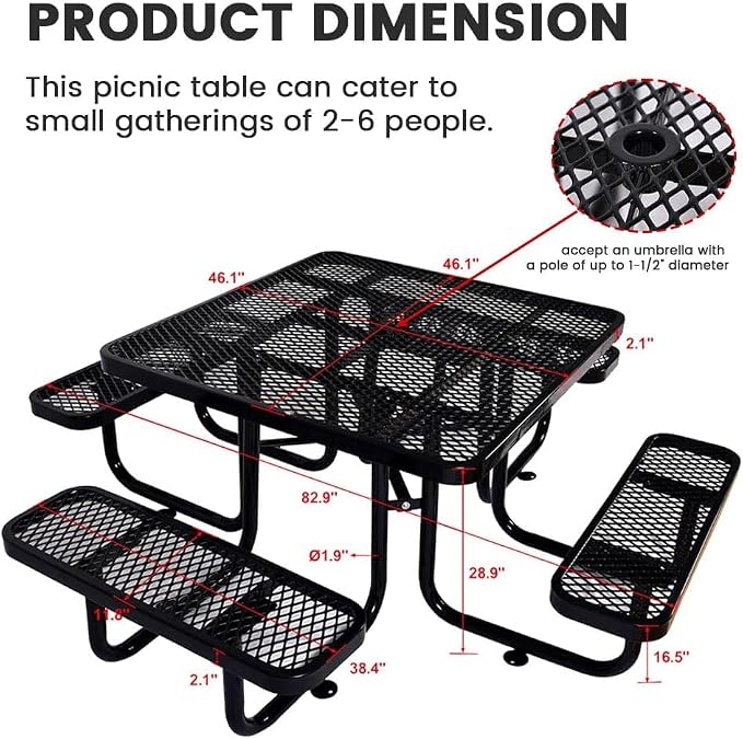 46" Square Commercial Picnic Table for 4-8 Person, Heavy Duty Metal Outdoor Picnic Table with Umbrella Hole for Coffee Shop, School, Hospital, Easy to Install, Black