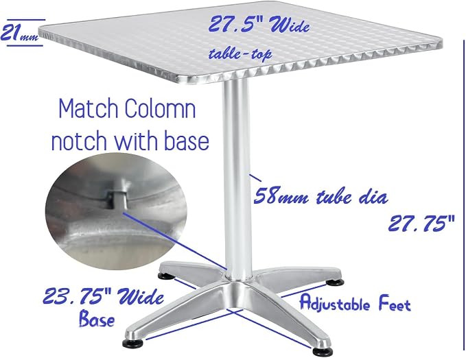 BTEXPERT Indoor Outdoor Restaurant Stainless Steel Aluminum + 3 Silver Gray Metal Slat Stack Commercial Lightweight, 3 Chairs with a 27.5" Square Table