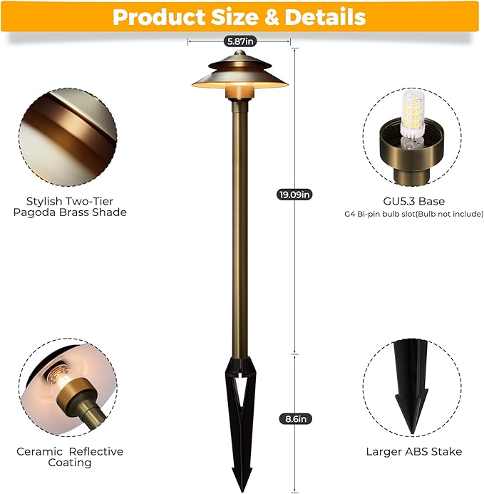 Solid Brass Low Voltage Landscape Pathway Lights (6'' Shade, 19'' Tall), 12V LED Heavy Duty Path Lighting Outdoor Wired, Waterproof Antique Bronze Walkway Light Without G4 Bulb,12 Pack