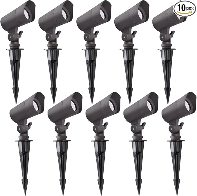 E ENERGETIC LIGHTING LED Landscape Lights with Connectors, 12V Low Voltage, Warm White 3000k, 4W, 175LM, Outdoor Waterproof Garden Pathway Lights Wall Tree Flag Spotlights with Spike Stand, 10 Pack