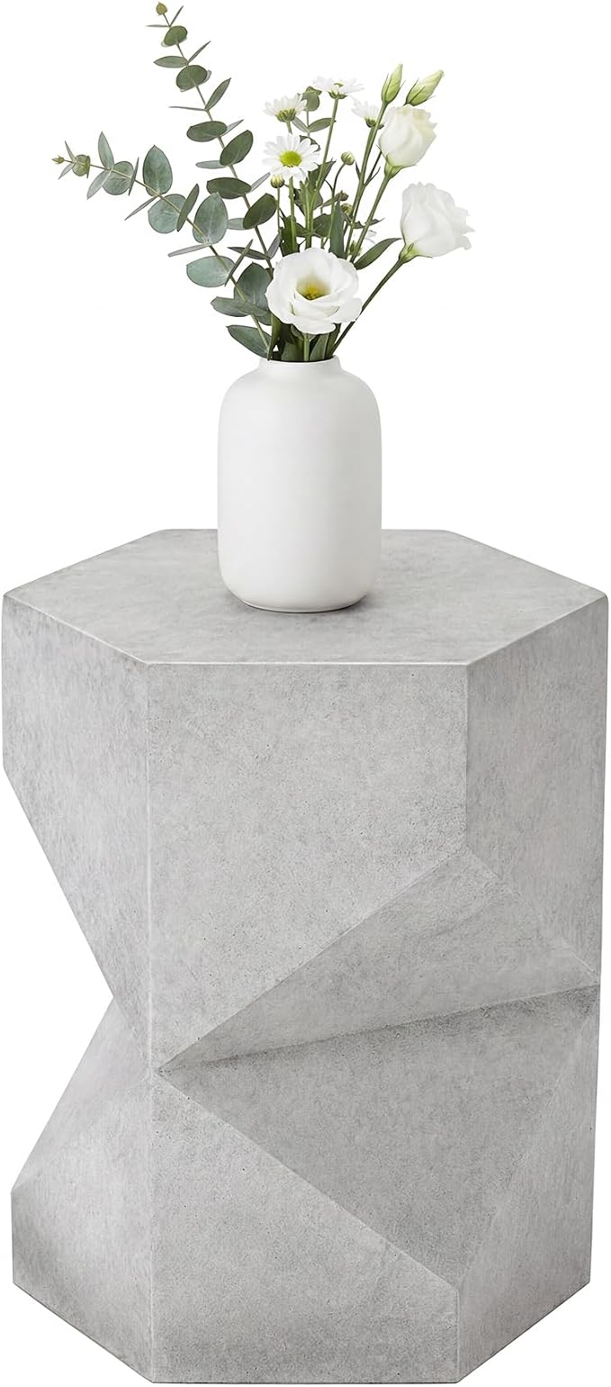COSIEST MgO Concrete Side Table, 18 Inch Hexagonal Geometric Outdoor End Accent Table, All-Weather Patio Garden Stool, Modern Plant Stand & Coffee Table for Balcony Backyard, Gray, 1 Pack