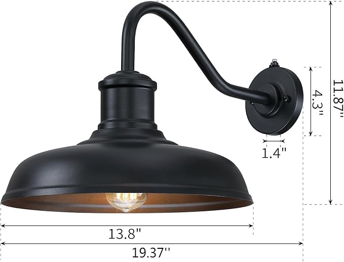 13.8'' Diameter Large Dusk to Dawn Outdoor Gooseneck Barn Light, 2 Packs | Outdoor Wall Sconce Farmhouse Exterior Lighting Fixture Industrial Outside Lantern for Porch, Patio, Garage, Black