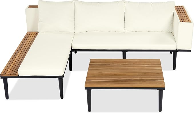 L-Shaped Outdoor Sofa Set with Removable Cushions, Acacia Wood Sectional Sofa Set with Coffee Table & Side Table, Conversation Furniture Set for Porch Backyard Balcony Deck Poolside, Beige
