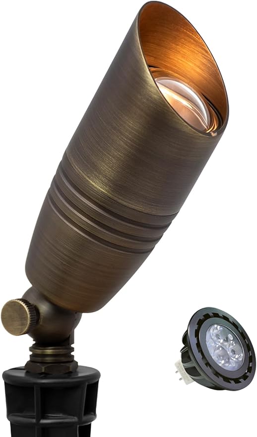 MALORY Brass Landscape Spotlights 1-Pack with MR16 Bulb(S02), 12V Low Voltage Landscape Lighting LED Outdoor Spot Uplights for House and Tree,PVC Ground Stake and Wire Connector Included, 5W 2700K