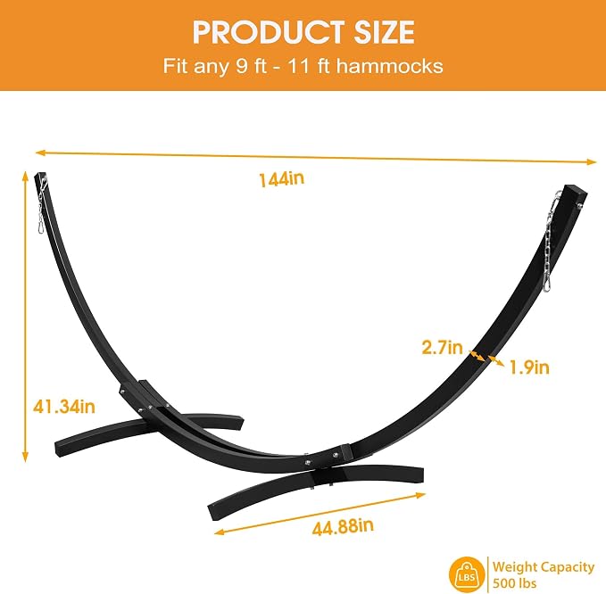 Lazy Daze Hammocks 12 Ft Heavy Duty Steel Arc Hammock Stand with Carabiner and Chain, 2 Person Weather-Resistant Curved Stand for Outside, Backyard, Patio, 500 Lbs Capacity, Black