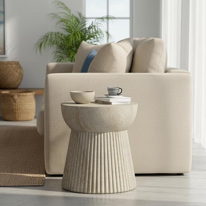 Outdoor Side Table Faux Marble End Table Faux Stone Side Tables Travertine Small Coffee Tables for Indoor Outdoor, Garden Stool for Porch, Backyard Patio, MgO,Weather Resistant,Round, Beige