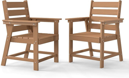 HDPE Dining Chair Set of 2, All-Weather Patio Dining Chair with Armrests, Wood Grain Texture, Heavy Duty Outdoor Furniture for Backyard, Garden.Cedar
