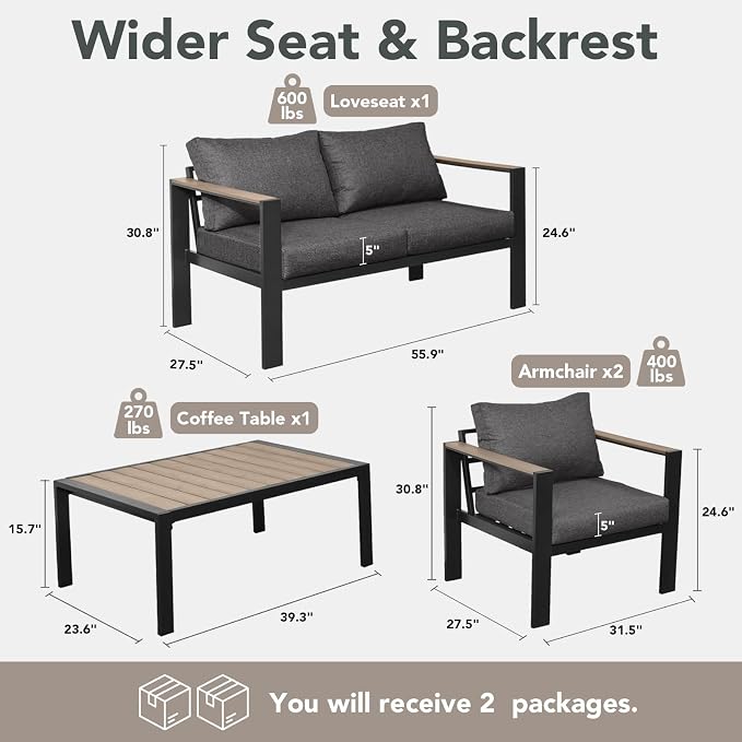 Patio Furniture Set 4 Seats and Coffee Table, Patio Conversation Set with Washable Thick Cushions, Deluxe Aluminum Modern Outside Sectional for Porch, Balcony, Deck, Yard, Dark Gray