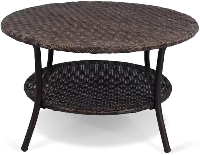 Cambridge Outdoor Rattan Round Coffee Table, All-Weather HDPE Wicker Patio Side Table 2-Tier Circle Table with Storage for Garden Porch Deck, Brown