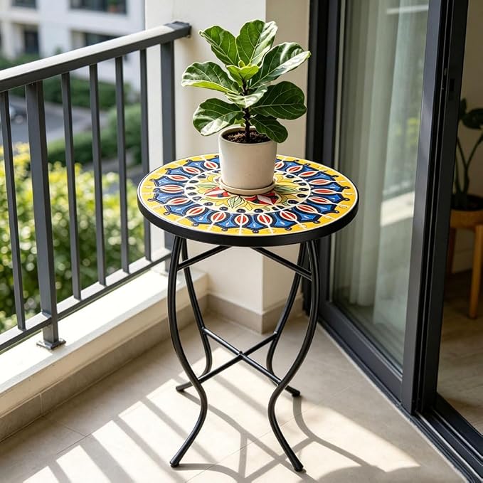 14 Inch Mosaic Patio Side Table with X-Curved Legs, Indoor Outdoor Accent Round End Table with Ceramic Tile Tops for Yard, Garden, Living Room, Bistro, C - Grand Mandala