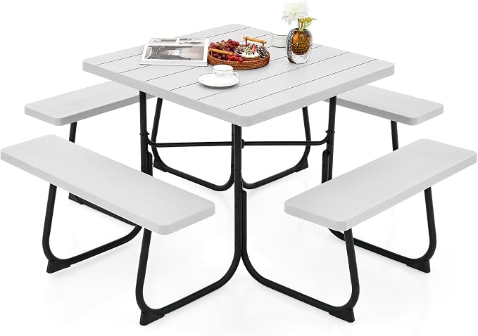 Giantex Picnic Table Set for 8 Persons, Outdoor Table and Bench with Umbrella Hole, HDPE Top & Metal Frame, 500LBS Capacity, Square Patio Table Bench for Deck Backyard Garden (White)