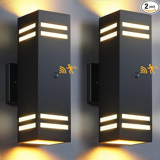 SHIMR Motion Sensor Outdoor Wall Lights, Modern Sconce, ETL Listed, 2 Pack | Dusk to Dawn Outdoor Lighting, Up and Down, Black Aluminum Exterior Light Fixture for Porch Garage Patio, LED Bulbs Included