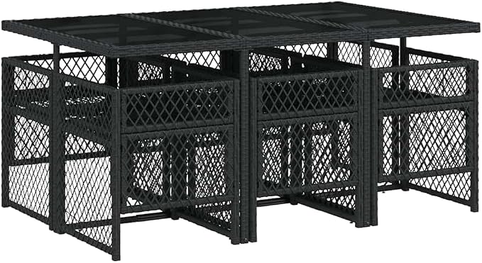 7-Piece Black Rattan Patio Dining Set with Cushions | Features a tempered glass table and 6 folding chairs, designed for backyard, balcony, and deck dining.