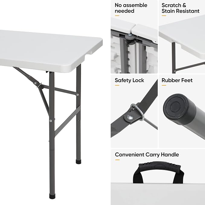 4 FT Folding Table, Fold in Half, Heavy Duty Portable Plastic Table w/Handle for Picnic Party Camping Dining Indoor Outdoor, Lightweight White