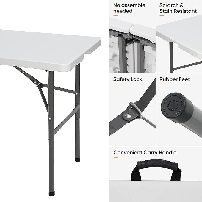 JupiterForce 4ft Folding Table, Indoor Outdoor Portable Plastic Picnic Table, Heavy Duty Rectangular Party Camping Dining Table with Carrying Handle, White
