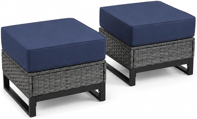 Outdoor Ottomans Set of 2, PE Wicker Patio Footstools with Removable Cushions, All-Weather Rattan Outdoor Ottoman Set for Patio, Backyard, Garden, Porch, Blue