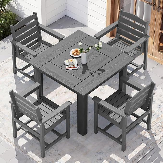 KINGYES HDPE Outdoor Dining Set for 4 with Umbrella, 6-Piece Square Patio Table & Armchairs, All-Weather for Backyard, Garden, Lawn & Poolside, Gray
