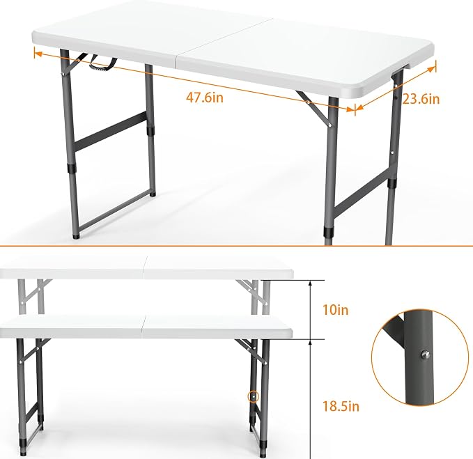 VTOY 4FT（24" x 48"） Folding Table, Indoor Outdoor Heavy Duty Table with Carrying Handle,Placstic Fold up Table for Picnic, Party, Camping，Office - White (4FT)