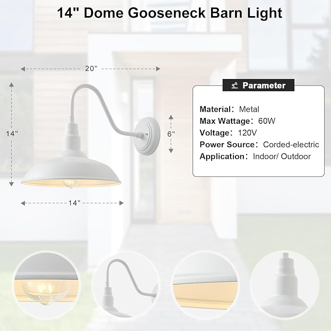 14 Inch Dome Outdoor Gooseneck Barn Light Fixture for Farmhouse, White Exterior Goose Neck Wall Mount Lights for Porch, Barn Style Wall Sconce Lighting for Patio, Garage