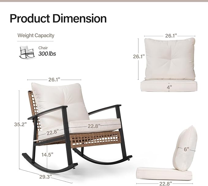 LAUSAINT HOME 4-Piece Patio Conversation Set, Comfortable Oversized Outdoor Furniture Set with Rocking Chairs and Storage Coffee Table for Backyard, Porch, Garden and Poolside