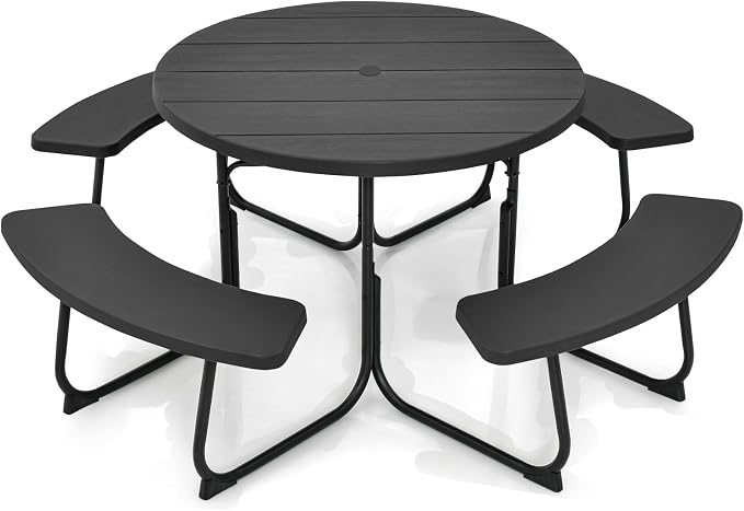 Round Picnic Table for Outdoors, 8 Person Outdoor Picnic Tables & Benches Set with Umbrella Hole, HDPE Tabletop & Metal Frame, 2000 LBS Capacity Table Bench Set for BBQ, Garden, Lawn, Patio