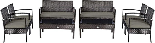 Tangkula 8-PCS Wicker Patio Conversation Furniture Set, Outdoor Rattan Chair and Table Set, Patio Furniture Sets with Coffee Table & Washable Cushions for Courtyard Balcony Garden (2, Brown)