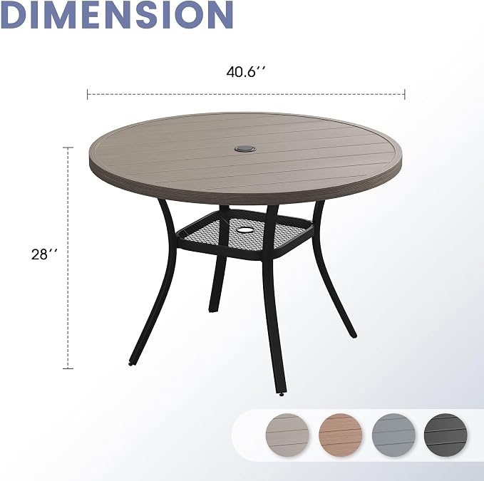 VICLLAX 40.6" Round Patio Table, Outdoor Dining Table for 4 with Umbrella Hole for Garden Lawn Deck Backyard, Antique Grey
