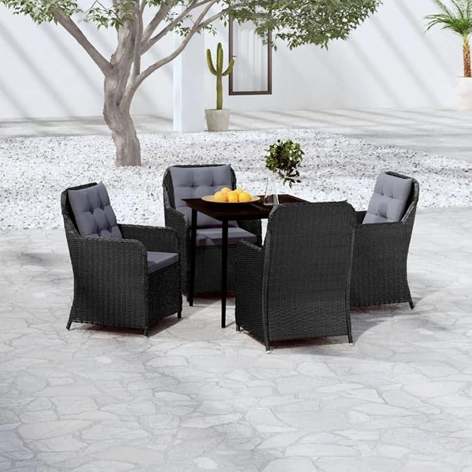 5 Piece Patio Dining Set Black Outdoor Rattan Furniture with Cushions Glass Table Steel Frame Weatherproof for Garden Backyard Deck Entertaining