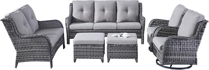 Rilyson Wicker Patio Furniture Set - 6 Piece Rattan Outdoor Sectional Conversation Sets with 2 Rocking Swivel Chairs,2 Ottomans,1 Sofa and 1 Loveseat for Porch Deck Garden(Mixed Grey/Grey)