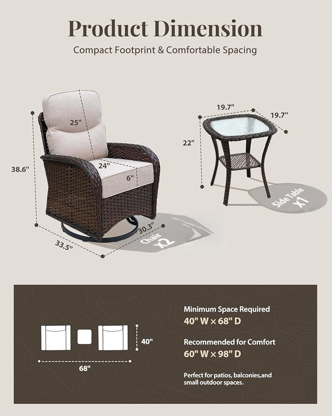 Patio Furniture Set with Luxury 6" Cushions, 3 Pieces Swivel Rocking Patio High Back Chairs, Outdoor Wicker Bistro Conversation Set for Balcony, Porch, Backyard, Poolside, Beige