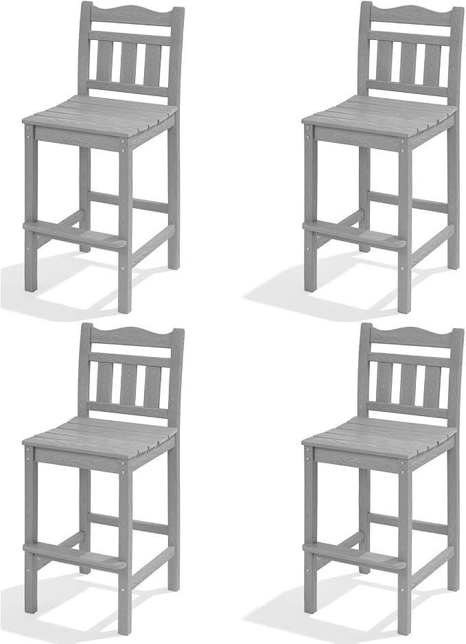 Outdoor Bar Stools Set of 4, HDPE Adirondack Bar Chairs with Backs, All-Weather High Top Patio Chairs, Heavy Duty Armless Bar Height Chair for Balcony, Garden, Deck (Slate Grey, 4pcs Set)