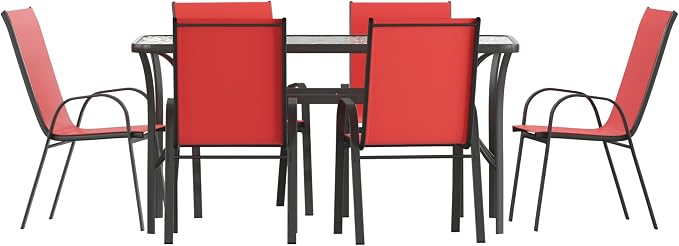 EMMA + OLIVER Bartlett 7-Piece Outdoor Dining Set, Patio Table with Tempered Glass Top and Umbrella Hole, 6 Flex Comfort Textilene Stack Chairs, 60", Red/Black