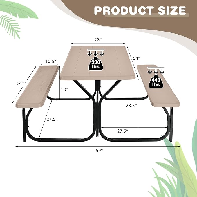 COSTWAY Outdoor Picnic Table, HDPE Plastic Picnic Table Bench Set with Weather Resistant Tabletop & Wood Texture, Ideal for Patio, Backyard (59" D x 54" W x 28.5" H,Brown)