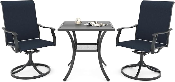 Anmutig 3 Piece Small Patio Dining Set, Outdoor 27.5" Square Table with 2 Navy Blue Textilene Swivel Chairs - Retro Armrest Style1