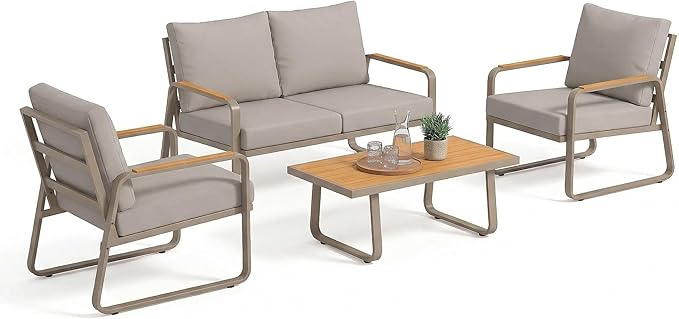 Outsunny 4 Piece Patio Furniture Set, Outdoor Conversation Set with Loveseat, 2 Armchairs, Coffee Table and Cushions, Garden Furniture with Metal Frame for Poolside Porch, Brown