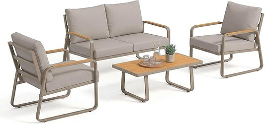 Outsunny 4 Piece Patio Furniture Set, Outdoor Conversation Set with Loveseat, 2 Armchairs, Coffee Table and Cushions, Garden Furniture with Metal Frame for Poolside Porch, Brown