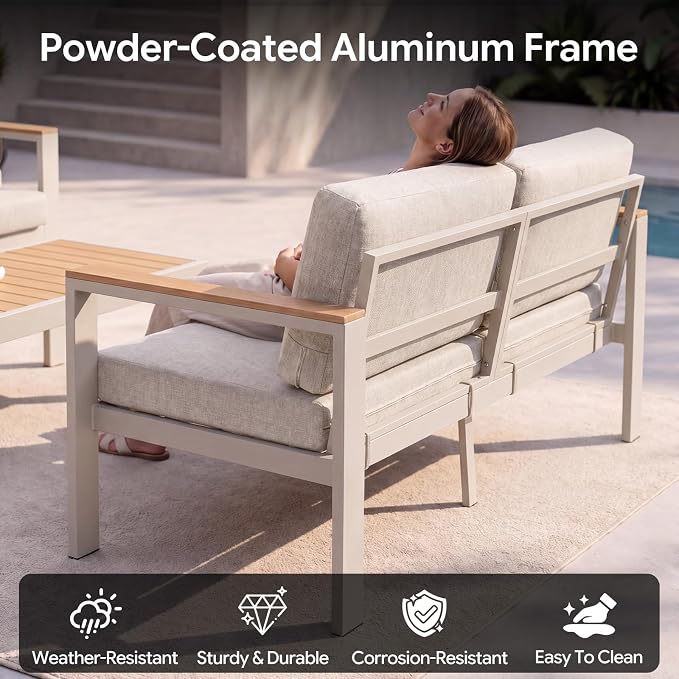 Aluminum Outdoor Patio Chairs Set of 2,Patio Furniture Chairs with 5-Inch Water-Resistant Cushions, Powder-Coated Frame for Porch, Deck, Backyard, Poolside,Beige