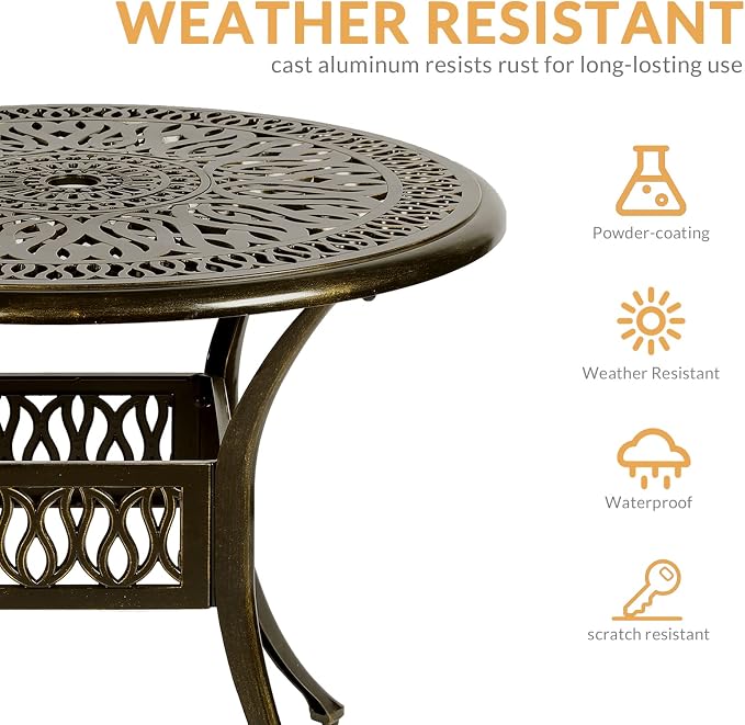 5-Piece Outdoor Patio Dining Set, All-Weather Cast Aluminum Patio Furniture Set with 4 Chairs and 35.4" Round Table for Backyard Garden Deck, 2" Umbrella Hole