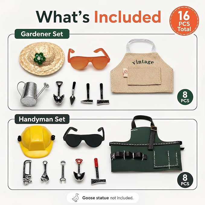 2 Sets Career Desk Goose Outfits, Gardener&Handyman Costume Accessories for 7 Inch Mini Porch Goose Statue, Tools Watering Can Work Apron Set, Dress-Up Clothes for Small Geese Figurine Home Desk Décor