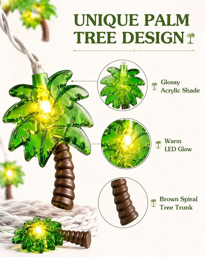 Palm Tree String Lights, Summer Patio String Lights with 10 Palm Tree Light | 8.5Ft Plug in Indoor Fairy Lights for Outdoor Indoor Beach Tropical Party Bedroom Birthday Decor, White Wire