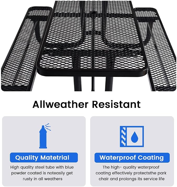 72" Rectangular Metal Picnic Table for 4-8 Person, Durable Heavy Duty Commercial Picnic Table with Umbrella Hole for Outdoor Coffee Shop, School, Hospital, Easy to Install, Black