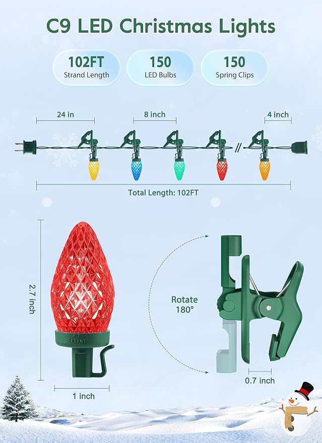 C9 Christmas Lights Outdoor, 102FT 150 LED String Lights with Spring Clips | Waterproof Connectable Commercial Grade Christmas Tree Lights for Outside Roofline Patio Yard Home Xmas Decor, Multicolor
