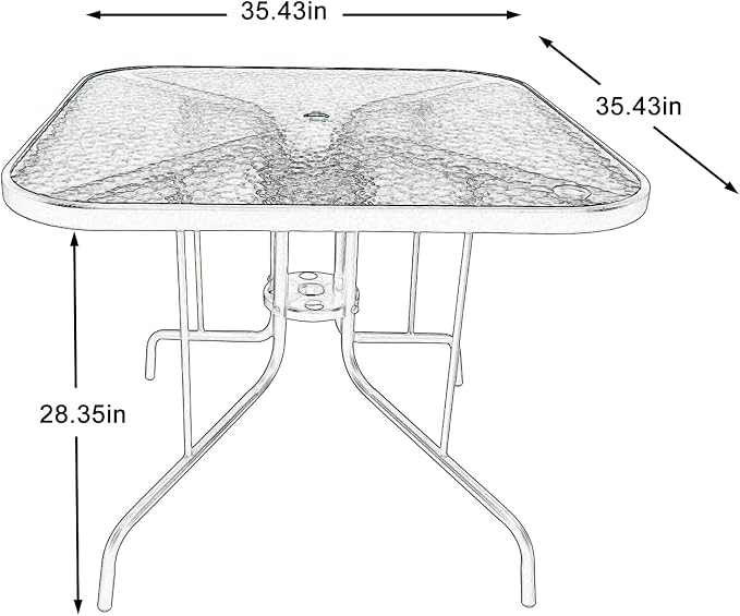 Patio Dining Table 35” Square Tempered Glass Top Outdoor Bistro Table for 4 Persons with 1.5” Umbrella Hole and Sturdy Metal Frame Brown for Backyard Lawn Deck Poolside